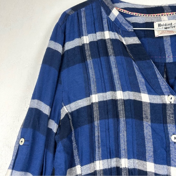 Anthropologie | HOLDING HORSES button up roll tab fringe hem blue plaid country - Picture 13 of 16